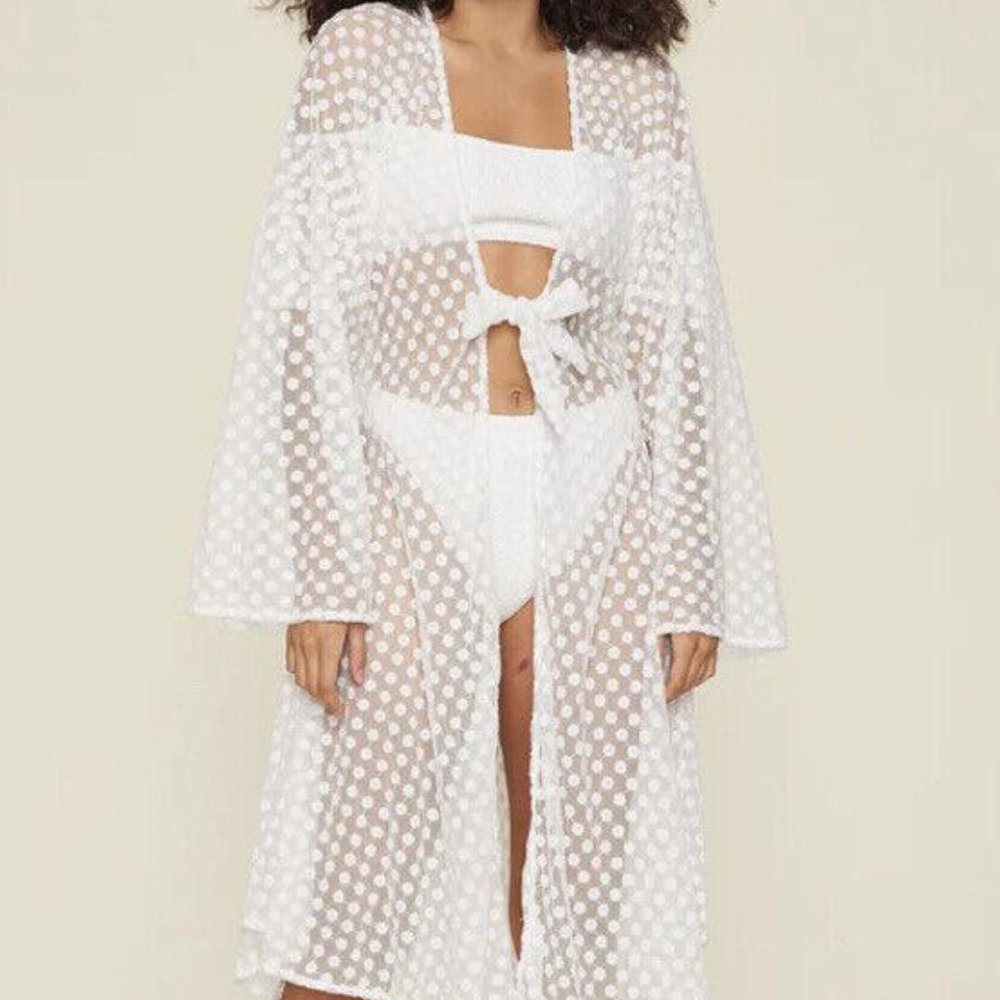LPA Yvette Kimono White Sheer Mesh Floral Daisy Polka Dot Swim Cover Top REVOLVE